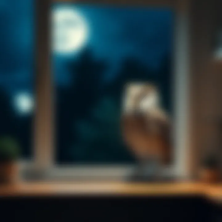 A barn owl perched by a kitchen window at night, with moonlight illuminating its feathers and surroundings.