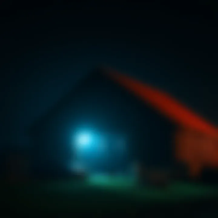 A dark barn scene at night with faintly visible faces appearing in the shadows.