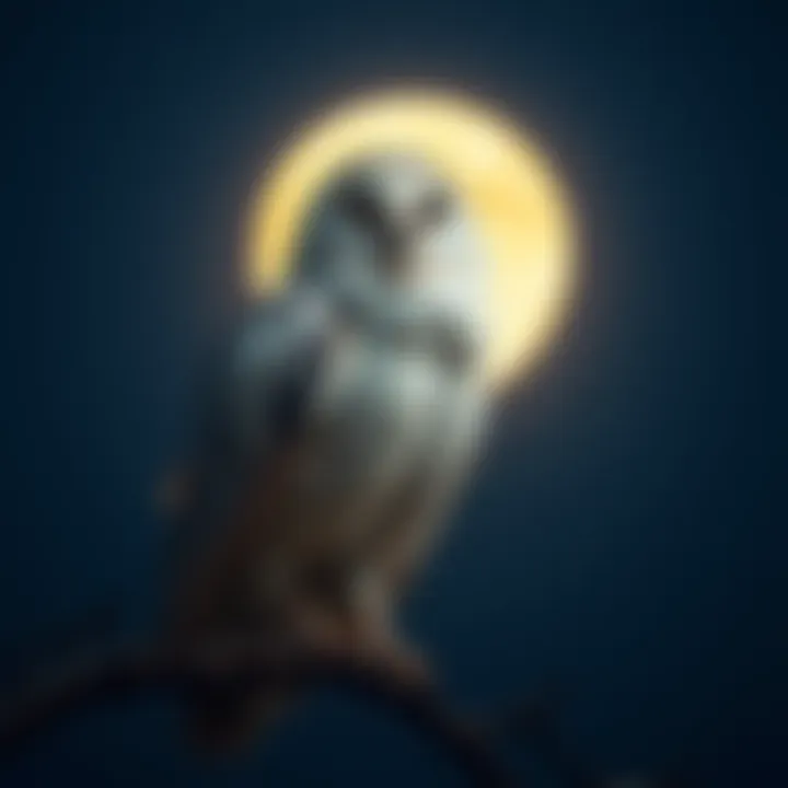 Barn Owl in the Moonlight A barn owl perched on a tree branch under the moonlight, with its striking white feathers glowing softly against the night sky.