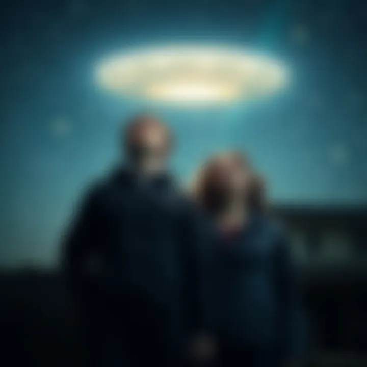 Barney and Betty Hill standing together under a starry sky, looking up in awe and fear, representing their abduction experience.