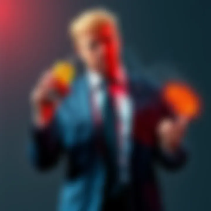 Barron Trump in business attire Barron Trump, a young entrepreneur, stands confidently in a business suit, showing off an energy drink and a cryptocurrency symbol to represent his wealth