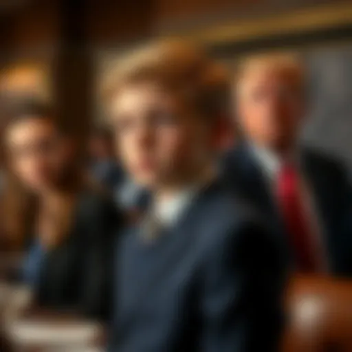 Barron Trump standing quietly during a family gathering, with a focused expression, avoiding discussions about war, while President Donald Trump looks on proudly.