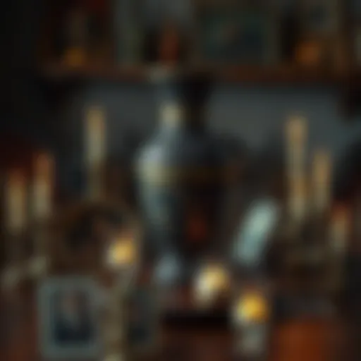 A mysterious 15th-century vase with intricate designs, shrouded in dark colors, placed on an old wooden table surrounded by fading photographs and candles.
