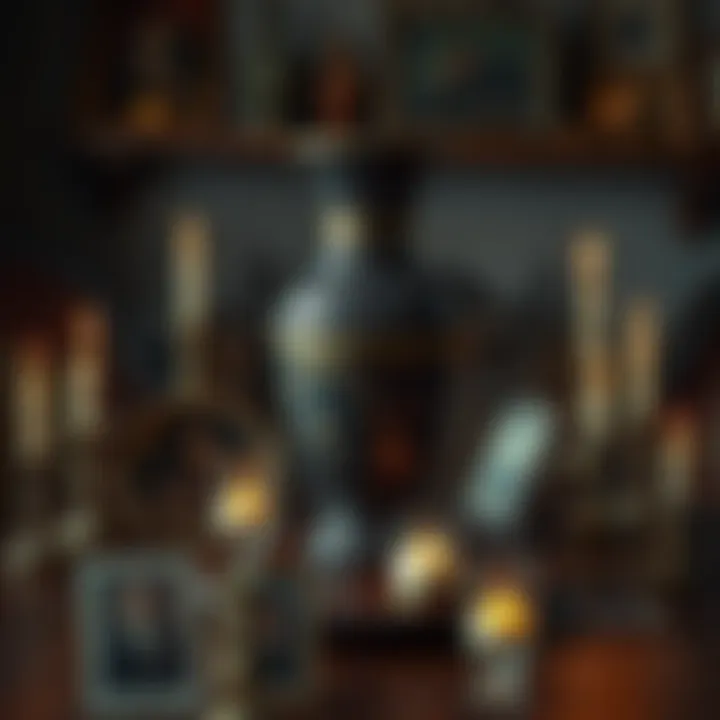 A mysterious 15th-century vase with intricate designs, shrouded in dark colors, placed on an old wooden table surrounded by fading photographs and candles.