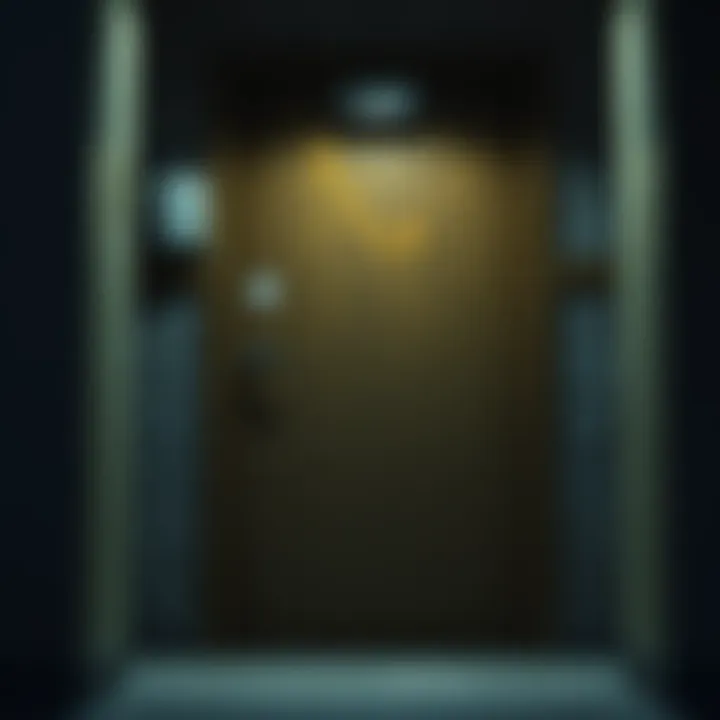 A locked basement door showing various scratches and markings, hinting at something unsettling behind it, with dim lighting adding to the tense atmosphere.