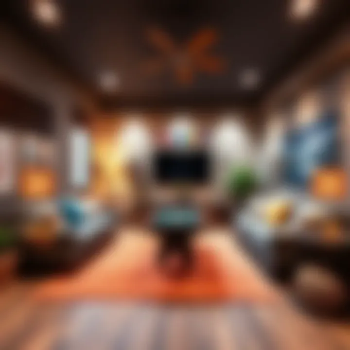 A cozy basement rec room with a comfortable sofa, game table, and colorful decor for family fun.