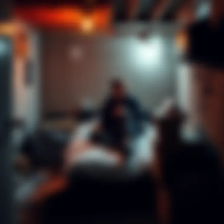 A person sitting on a makeshift bed in a dimly lit basement, surrounded by boxes and personal belongings, looking contemplative.