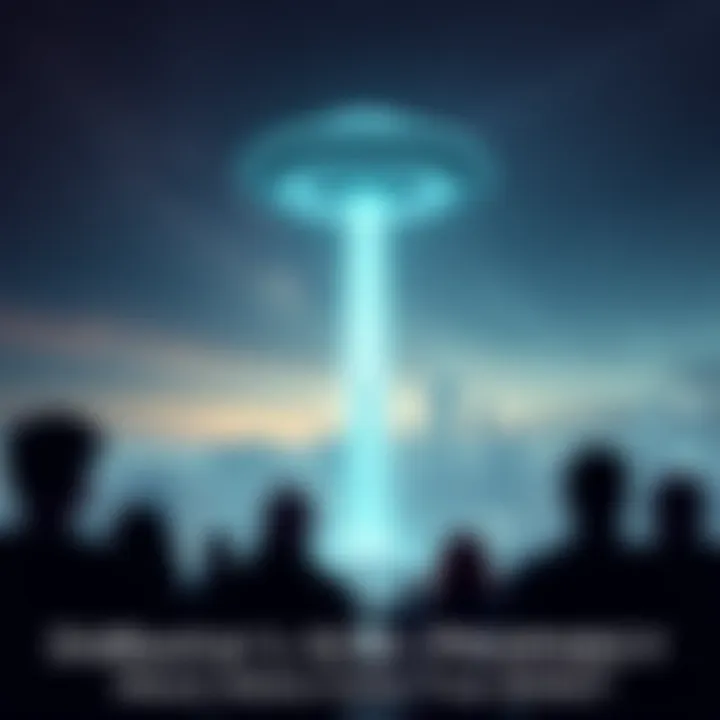 A futuristic scene showing people looking up at a bright UFO in the night sky, with a city skyline in the background.