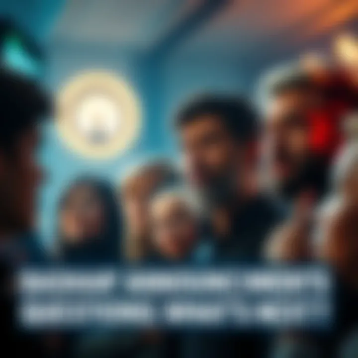 A crowd of people discussing Bashar's recent announcement with a mix of expressions showing curiosity and concern