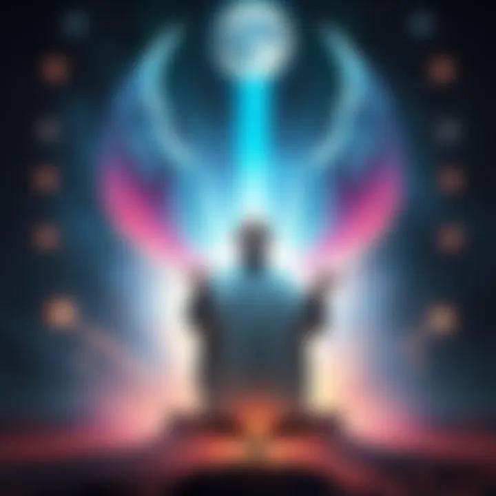 A surreal depiction of Bashar channeling, surrounded by ethereal light and symbols of ego loss.