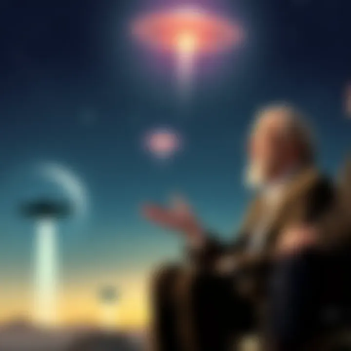 Bashar and Darryl Anka in discussion Bashar engaging in conversation with Darryl Anka, with a backdrop of stars and UFOs symbolizing extraterrestrial themes.