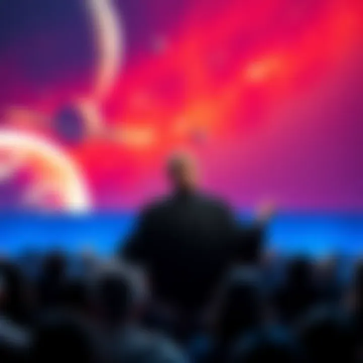 Bashar addresses an audience about the upcoming extraterrestrial contact planned for 2027, with a backdrop of stars and planets.