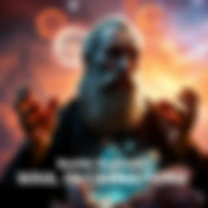 Bashar speaks about how souls choose lessons and family connections in a vibrant setting with cosmic elements and crystals.