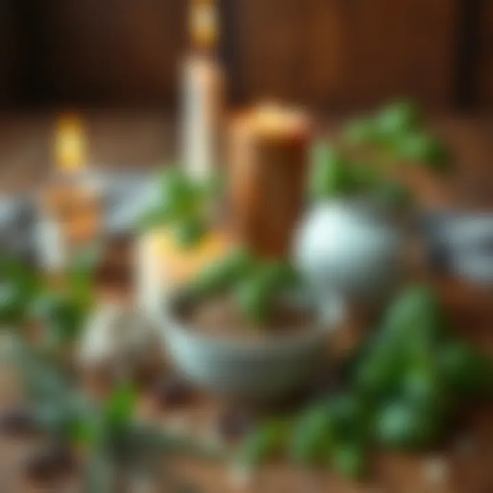 Basil and Love Spell Ingredients A selection of herbs including basil, arranged with candles and a small bowl, symbolizing love spell ingredients without traditional items.