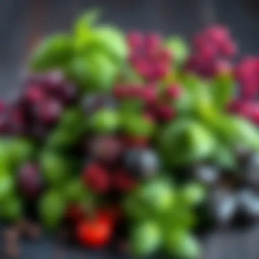 A variety of basil plants including sweet, lemon, Thai, and purple basil arranged together.