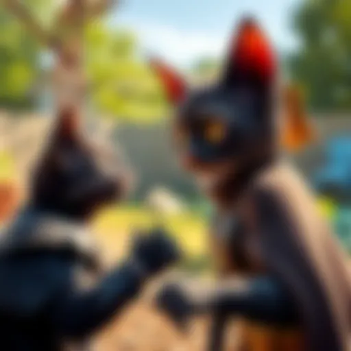 A playful BatCat interacts with a curious stranger in a sunny backyard setting, showcasing their unexpected friendship.