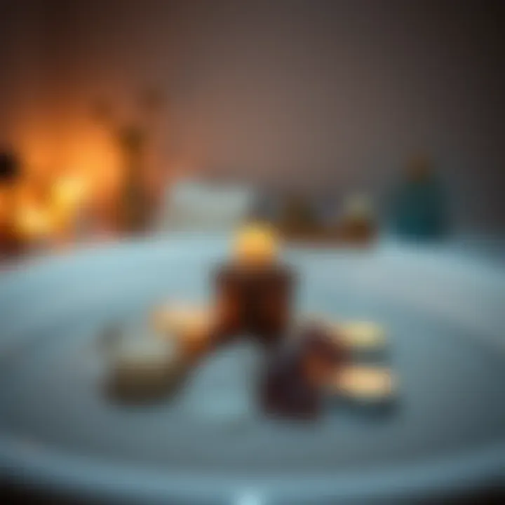 Bath altar setup with crystals A serene bath scene featuring an altar with candles and crystals, creating a calming atmosphere for relaxation and mindfulness.