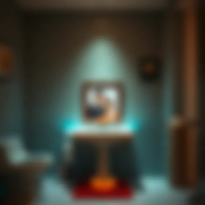 An altar in a bathroom featuring a photo of a couple in a liquid-filled display
