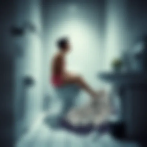 A person in a bathroom looking shocked as a clean toilet transforms into a messy scene, depicting a dream's surreal twist
