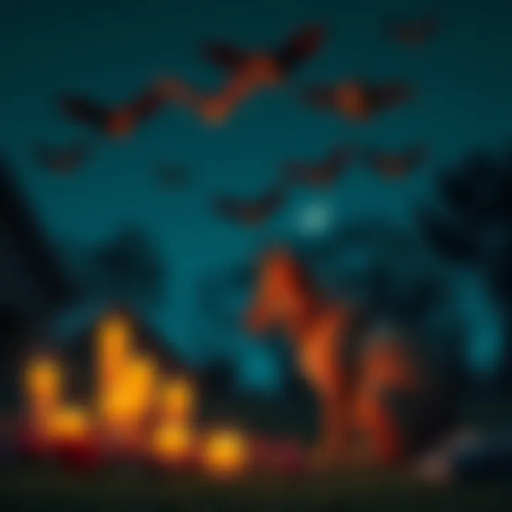 A serene farewell ritual with candles and flowers for a beloved dog, while bats are seen flying above under a night sky.