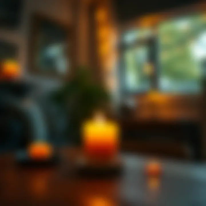 Battery-operated candle on a table A warm lit battery-operated candle sitting on a wooden table, creating a cozy ambiance in a room