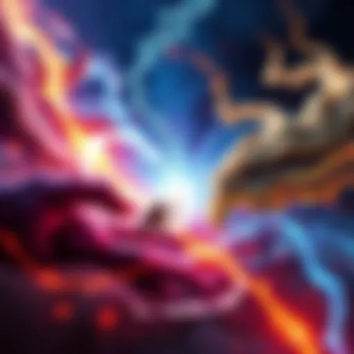 A scene depicting a clash between light and dark energies, with swirling colors representing the struggle for souls, set against a starry background.