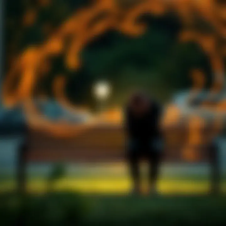 A person sitting on a park bench, looking stressed and drained, surrounded by swirling visual representations of negative energy waves.