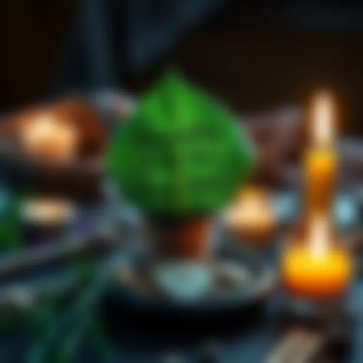 A bay leaf with a written message about rekindling love, surrounded by candlelight and herbs