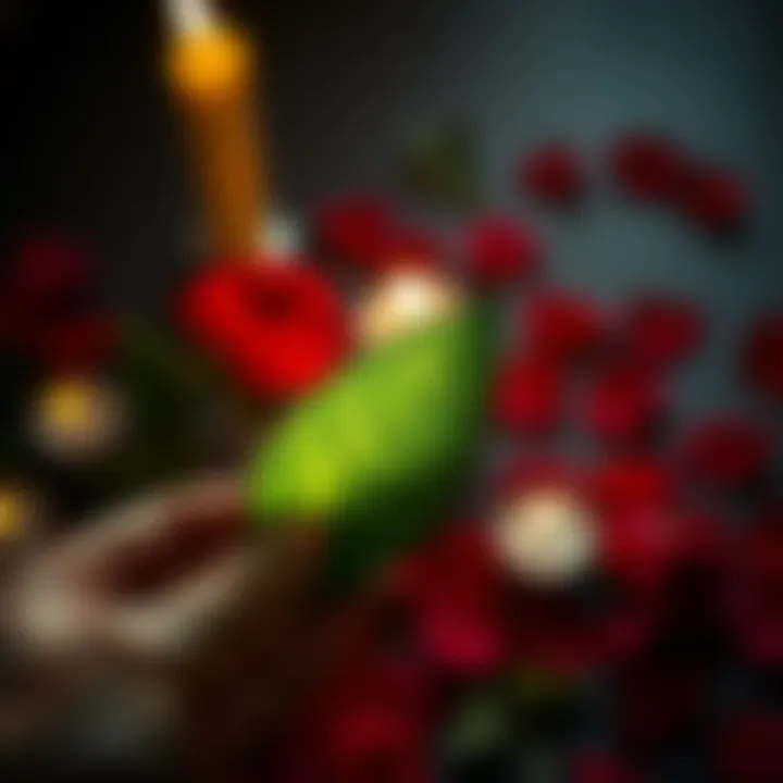 Bay Leaf for Love Spell A hand holding a bay leaf with a candle and rose petals in the background, symbolizing love spells