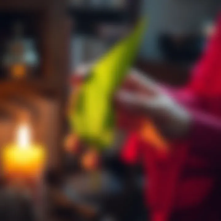 Bay leaf spell being performed A person holding a bay leaf with a candle lit nearby, signifying the ritual of casting a spell