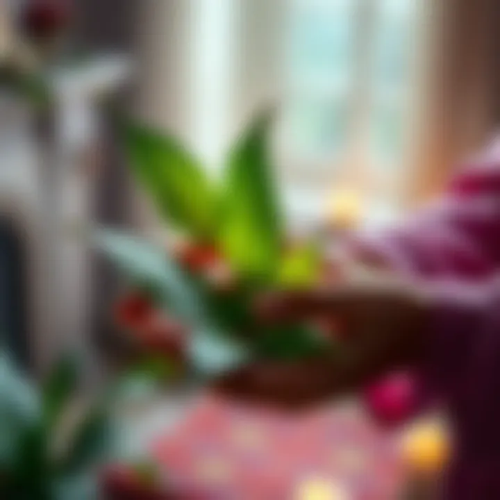 A person holding bay leaves in their hands, preparing to make a wish spell without burning them, surrounded by a calm and inviting space.