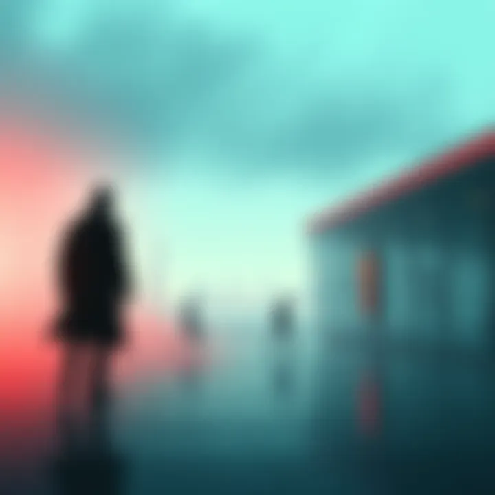 A hazy view of shadow figures near Bayside Mall, with a distant view of an unclear city from the beach.