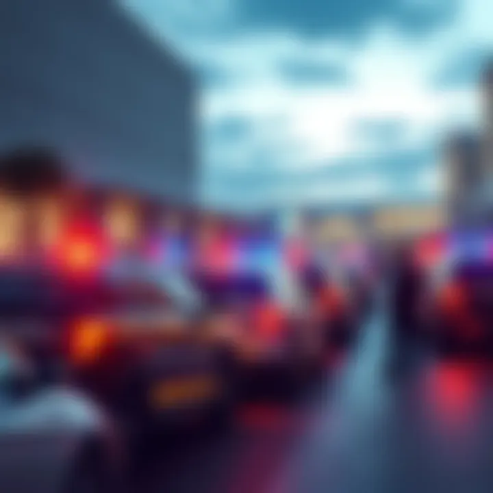 A large group of police cars outside Bayside Mall with officers standing by as concerned visitors look on