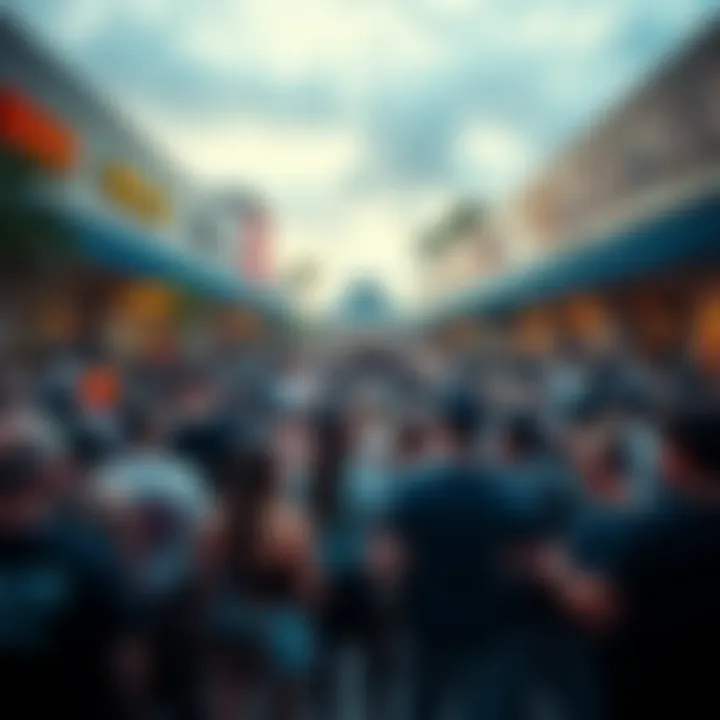 A large group of teenagers gathered at Bayside Marketplace, some appearing agitated, with police officers in the background managing the situation.