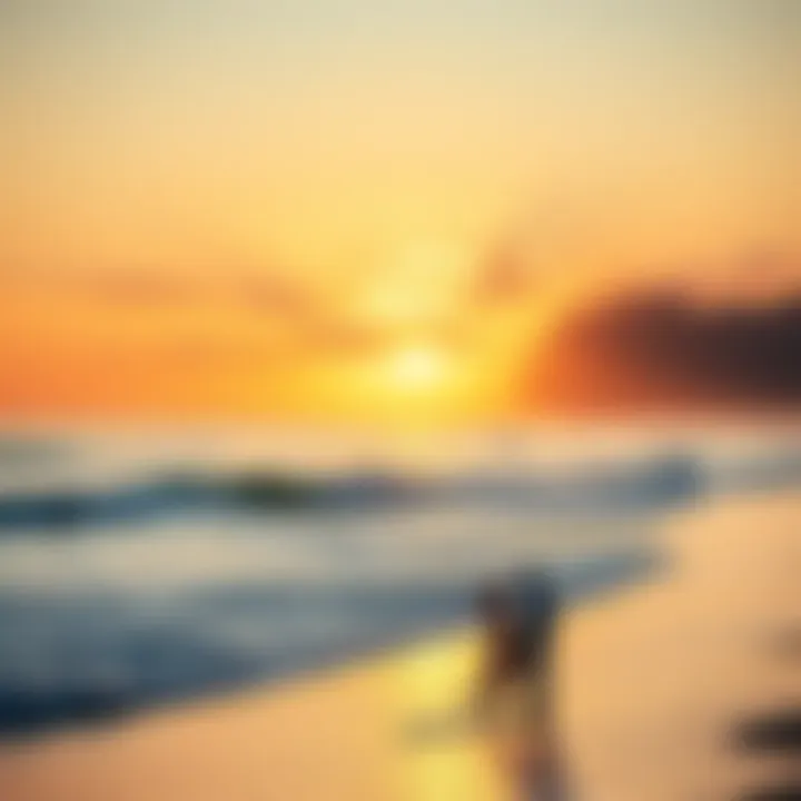 A serene beach scene where the desert meets the ocean, with golden sunrays shining on gentle waves and a couple sharing a tender moment by the shore.