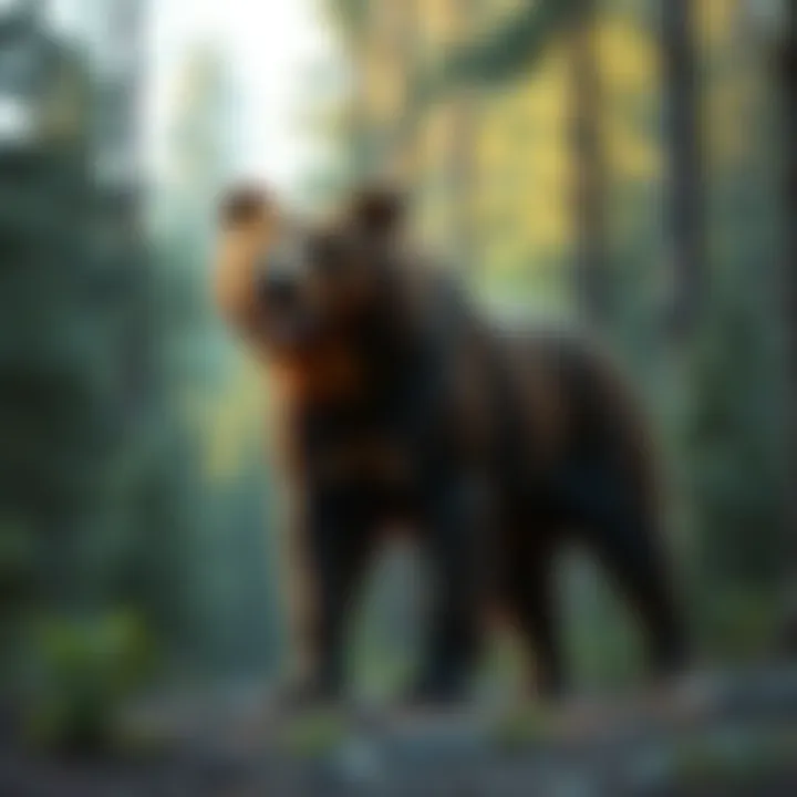 A Bear Dog standing in a forest, with a mix of dog and bear features, showcasing its thick fur and strong build.