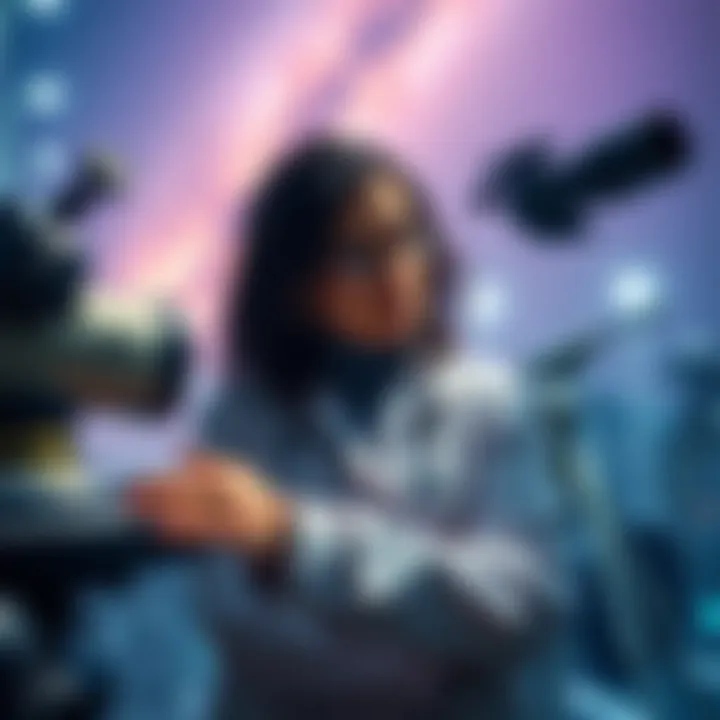 Dr. Beatriz Villarroel examining data with a telescope, showing interest in potential alien signals.