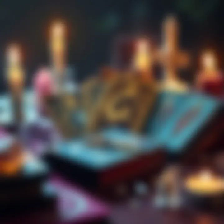 Beautiful tarot deck for gift A stunning tarot deck featuring intricate card designs displayed on a table with candles and crystals