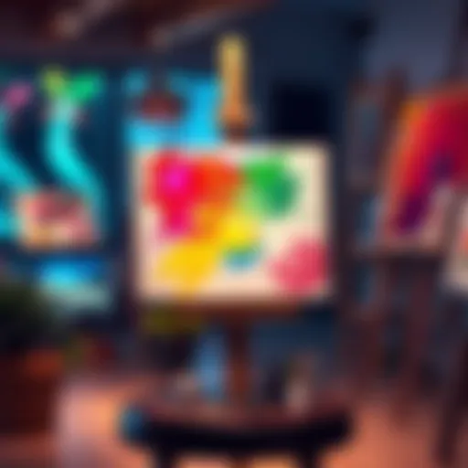 An artist's colorful drawing displayed on an easel, inviting opinions from the community.