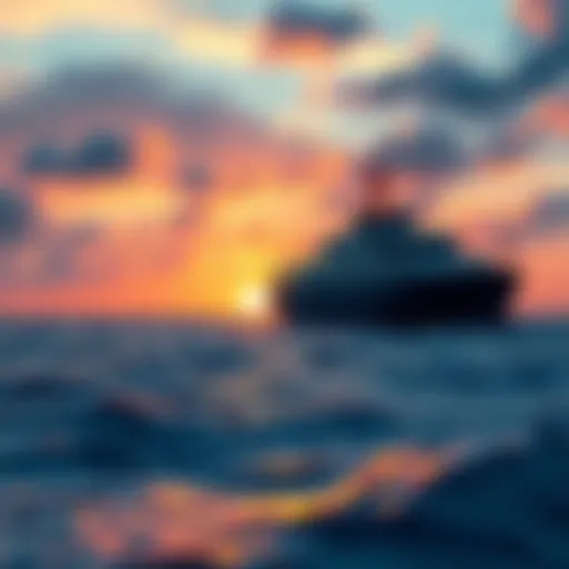 A majestic ship sailing calmly on the ocean with a colorful sunset in the background.