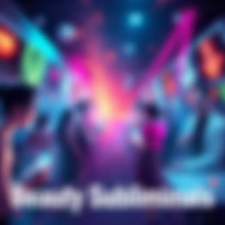 A vibrant illustration showing people sharing their beauty subliminals on user boards, with glowing effects symbolizing transformation and radiance.