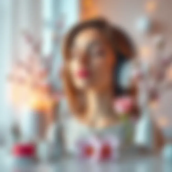 A serene setting with calming visuals representing beauty subliminals, featuring a peaceful person listening to audio, surrounded by beauty-related items like skincare products and flowers.