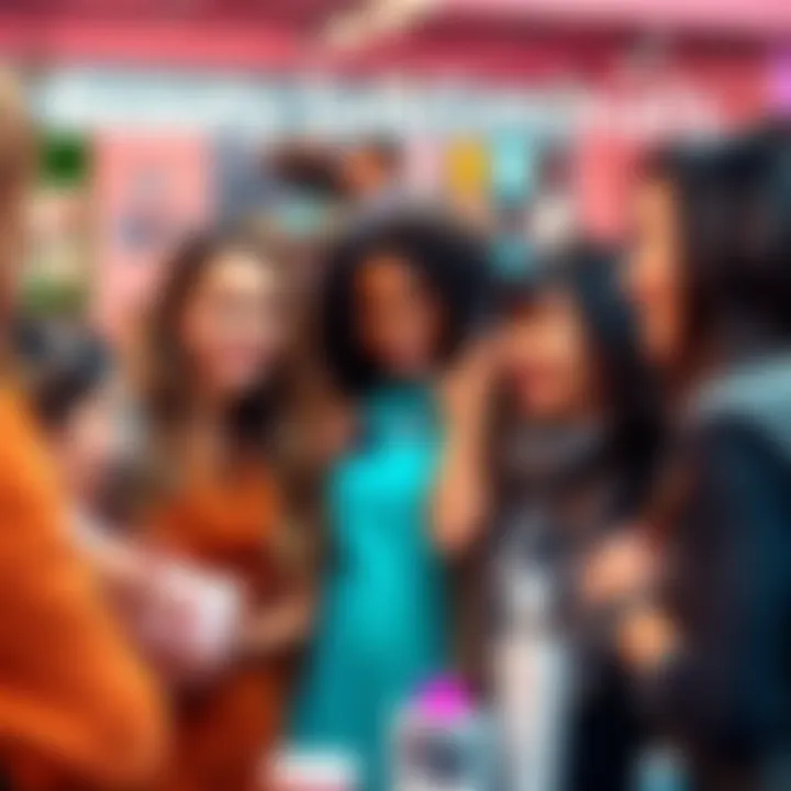 A group of people discussing their favorite subliminal beauty programs with smiles and positive energy, showcasing beauty products around them.