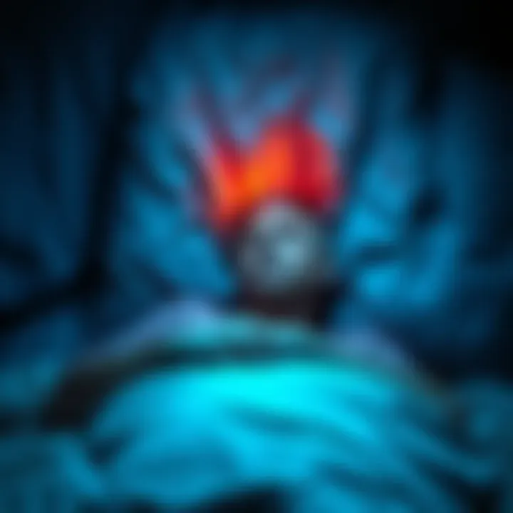 A person lying in bed with visible shaking motion and an expression of surprise on their face