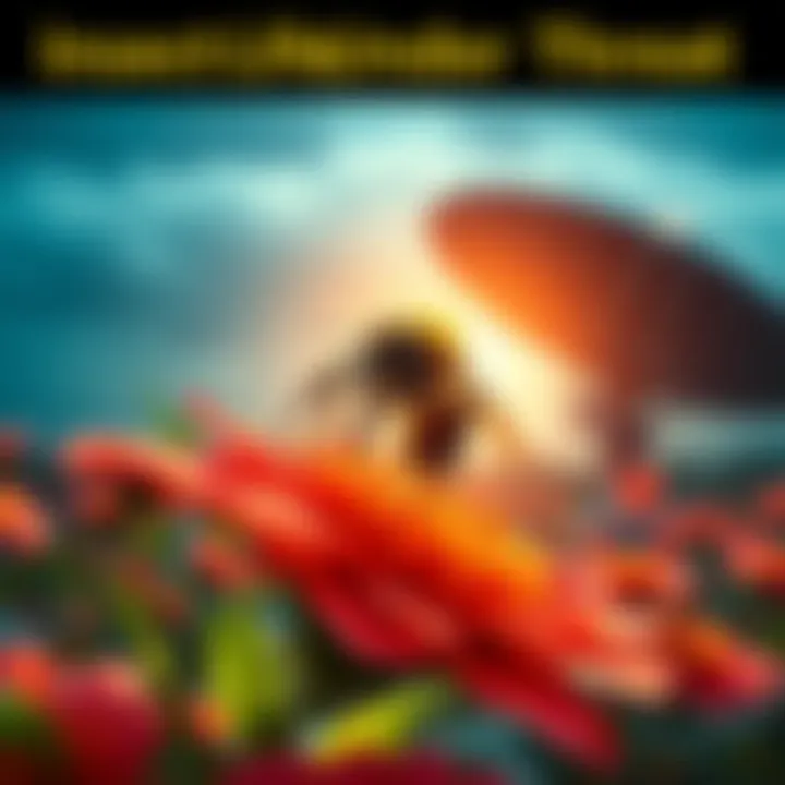 Insect Life Under Threat: The Intersection of Technology and Nature A dramatic perspective of a bee pollinating a flower with a Starlink satellite dish in the background, highlighting the tension between nature and technology.