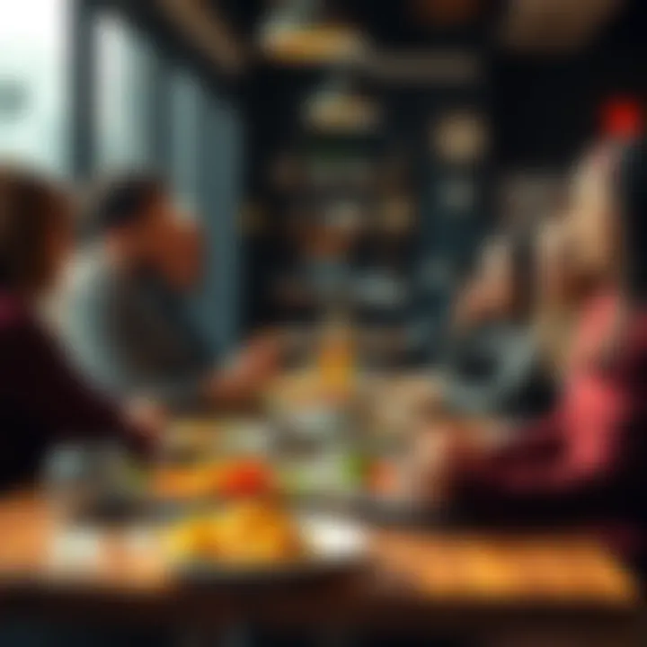 A group of people discussing beef consumption and its implications at a café table with a plant-based meal in front of them.