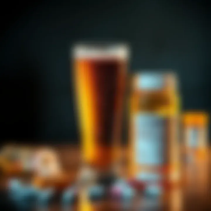 Beer in a glass with a pill bottle A glass of beer next to a prescription pill bottle, illustrating the clash between alcohol consumption and pharmaceutical interests.