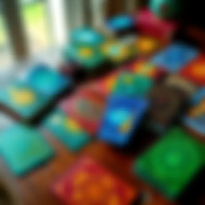 A colorful assortment of oracle decks with various designs laid out on a wooden table, perfect for newcomers to card reading.