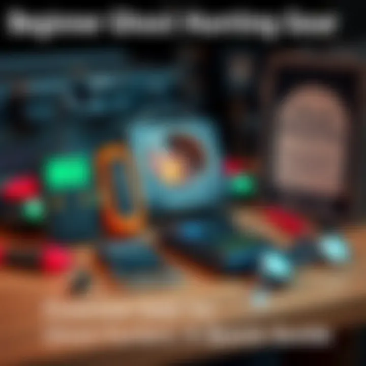 Beginner Ghost Hunting Gear A collection of essential ghost hunting tools including an EMF meter, digital recorder, and spirit box arranged on a table.