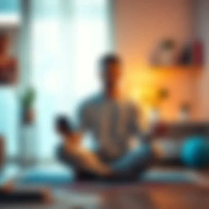A person sitting cross-legged in a calm setting, listening to a guided meditation on their device, surrounded by soft lighting and peaceful decor.